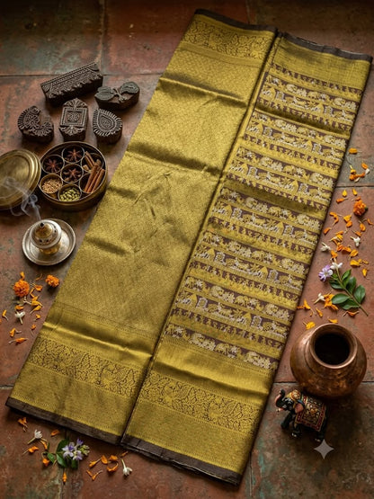 Vivacious Brown Pure Banarasi Silk Saree With Symmetrical Blouse Piece