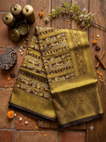 Vivacious Brown Pure Banarasi Silk Saree With Symmetrical Blouse Piece