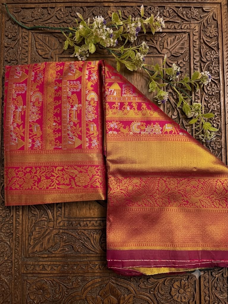 Susurrous Dark Pink Pure Banarasi Silk Saree With Verdant Blouse Piece