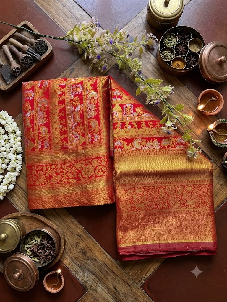 Beauteous Red Pure Banarasi Silk Saree With Ornate Blouse Piece