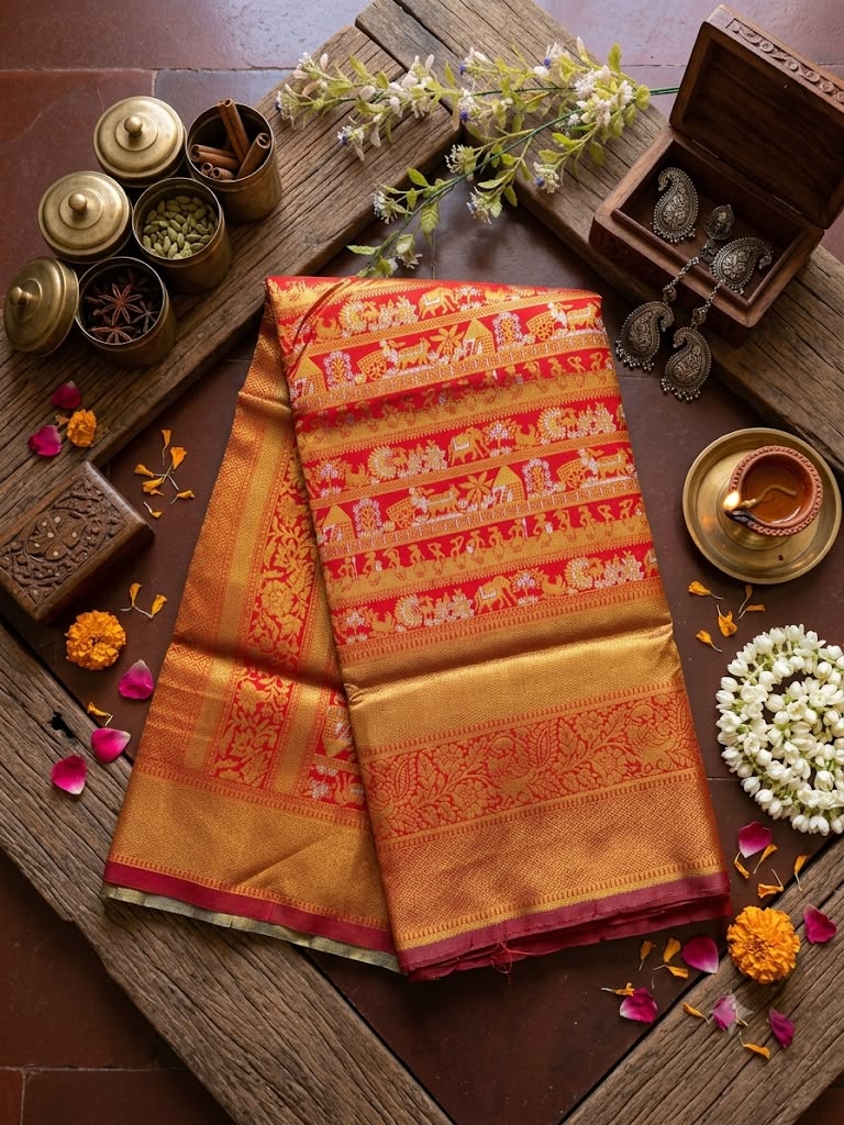 Beauteous Red Pure Banarasi Silk Saree With Ornate Blouse Piece