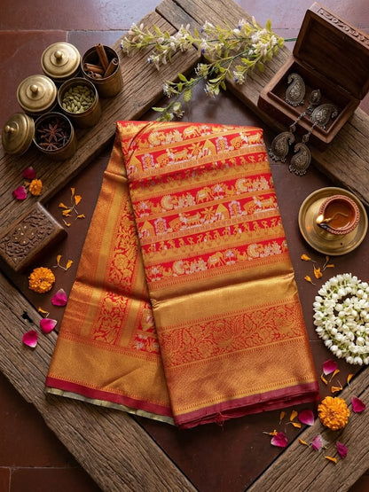 Beauteous Red Pure Banarasi Silk Saree With Ornate Blouse Piece