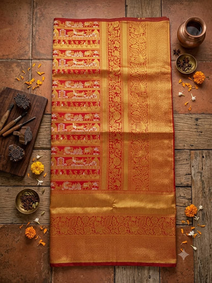 Beauteous Red Pure Banarasi Silk Saree With Ornate Blouse Piece