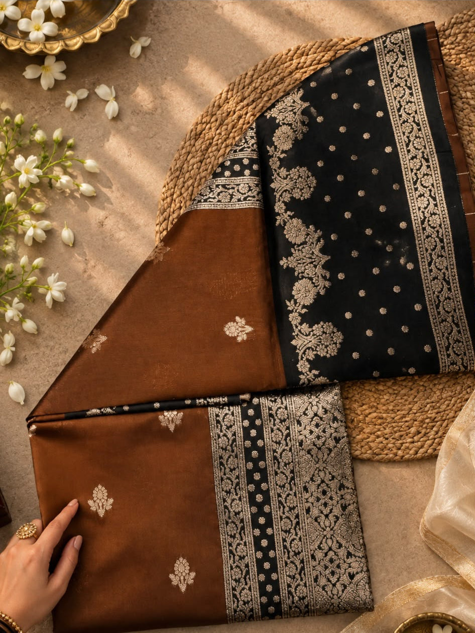 Dalliance Brown Pure Banarasi Silk Saree With Pleasurable Blouse Piece