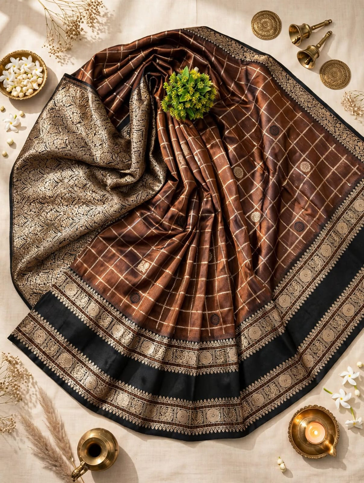 Outstanding Brown Pure Banarasi Silk Saree With Beguiling Blouse Piece