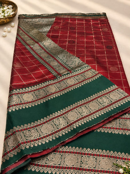 Seraglio Maroon Pure Banarasi Silk Saree With Diaphanous Blouse Piece