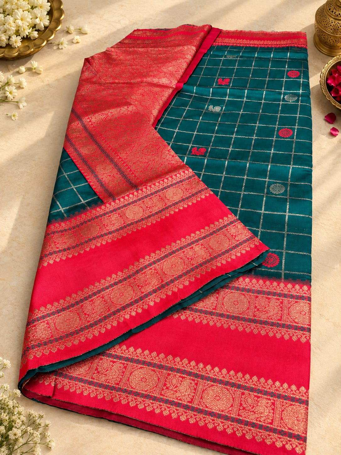 Gorgeous Rama Pure Banarasi Silk Saree With Chatoyant Blouse Piece