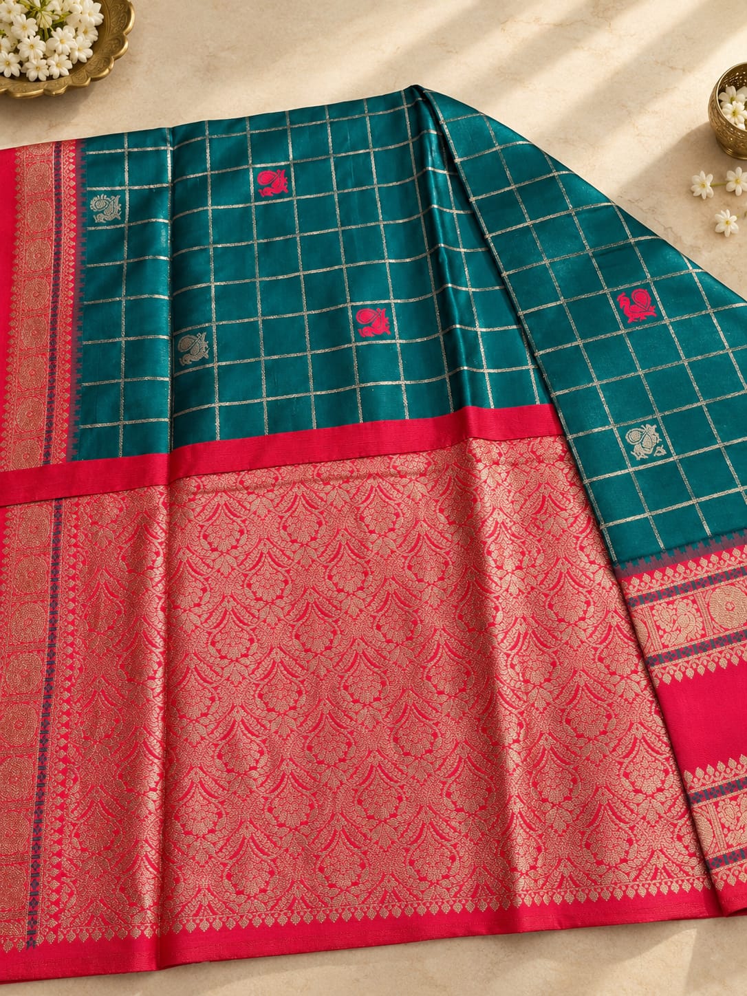 Gorgeous Rama Pure Banarasi Silk Saree With Chatoyant Blouse Piece