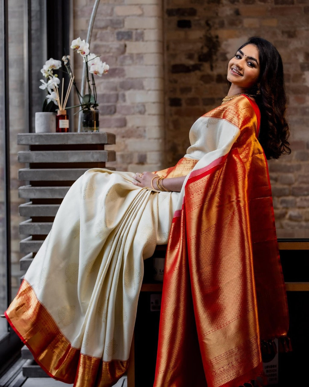 Off White & Red Patola Silk Saree - Urban Womania