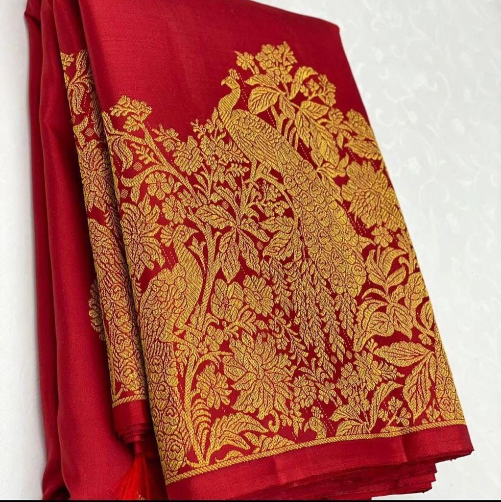 Gossamer Red Soft Banarasi Silk Saree With Chatoyant Blouse Piece