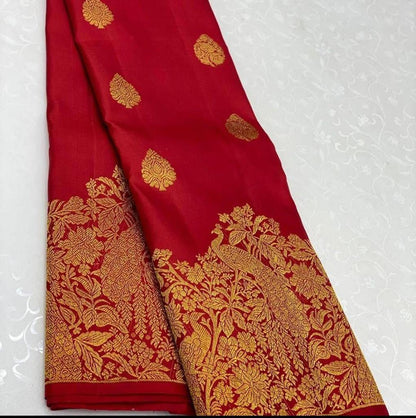 Gossamer Red Soft Banarasi Silk Saree With Chatoyant Blouse Piece