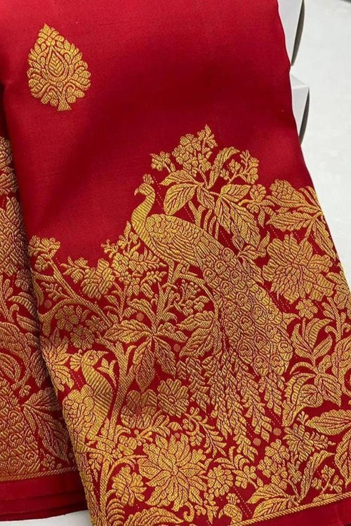 Load image into Gallery viewer, Gossamer Red Soft Banarasi Silk Saree With Chatoyant Blouse Piece
