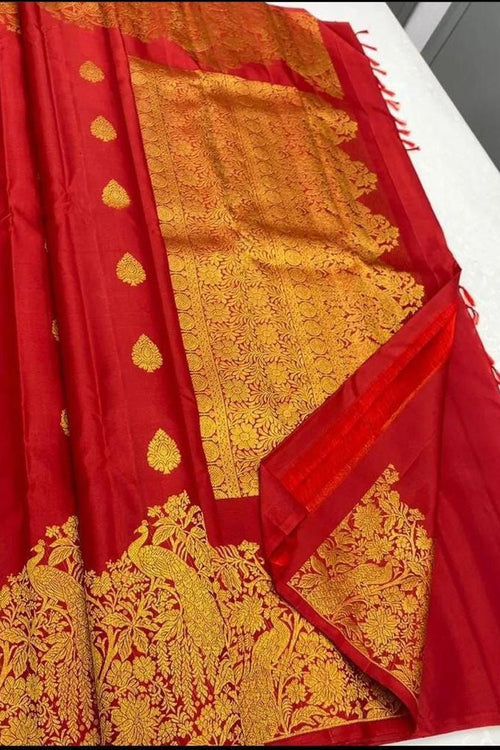 Load image into Gallery viewer, Gossamer Red Soft Banarasi Silk Saree With Chatoyant Blouse Piece
