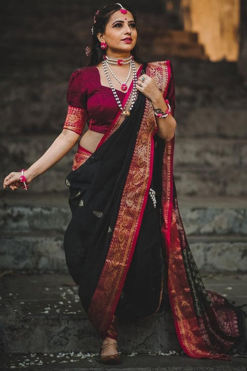 Load image into Gallery viewer, Imbrication Black Soft Silk Saree With Embrocation Blouse Piece
