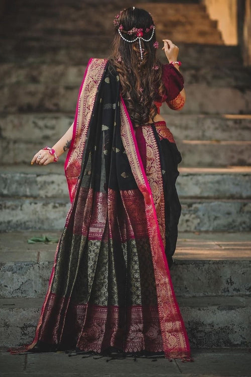 Load image into Gallery viewer, Imbrication Black Soft Silk Saree With Embrocation Blouse Piece
