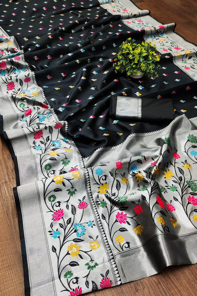 Pleasant Black Paithani Silk Saree With Radiant Blouse Piece