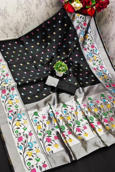 Pleasant Black Paithani Silk Saree With Radiant Blouse Piece