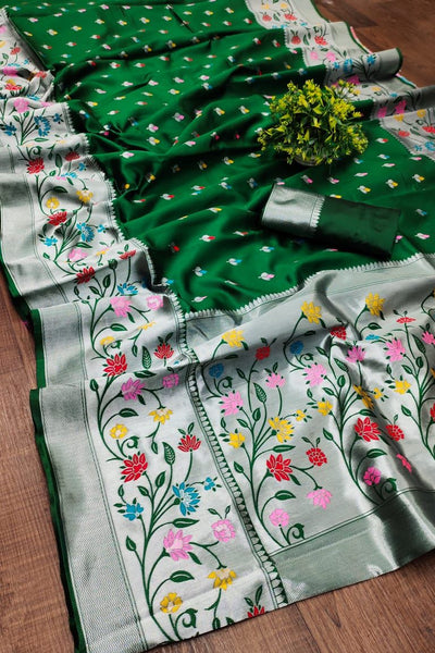 Smart Dark Green Paithani Silk Saree With Staring Blouse Piece