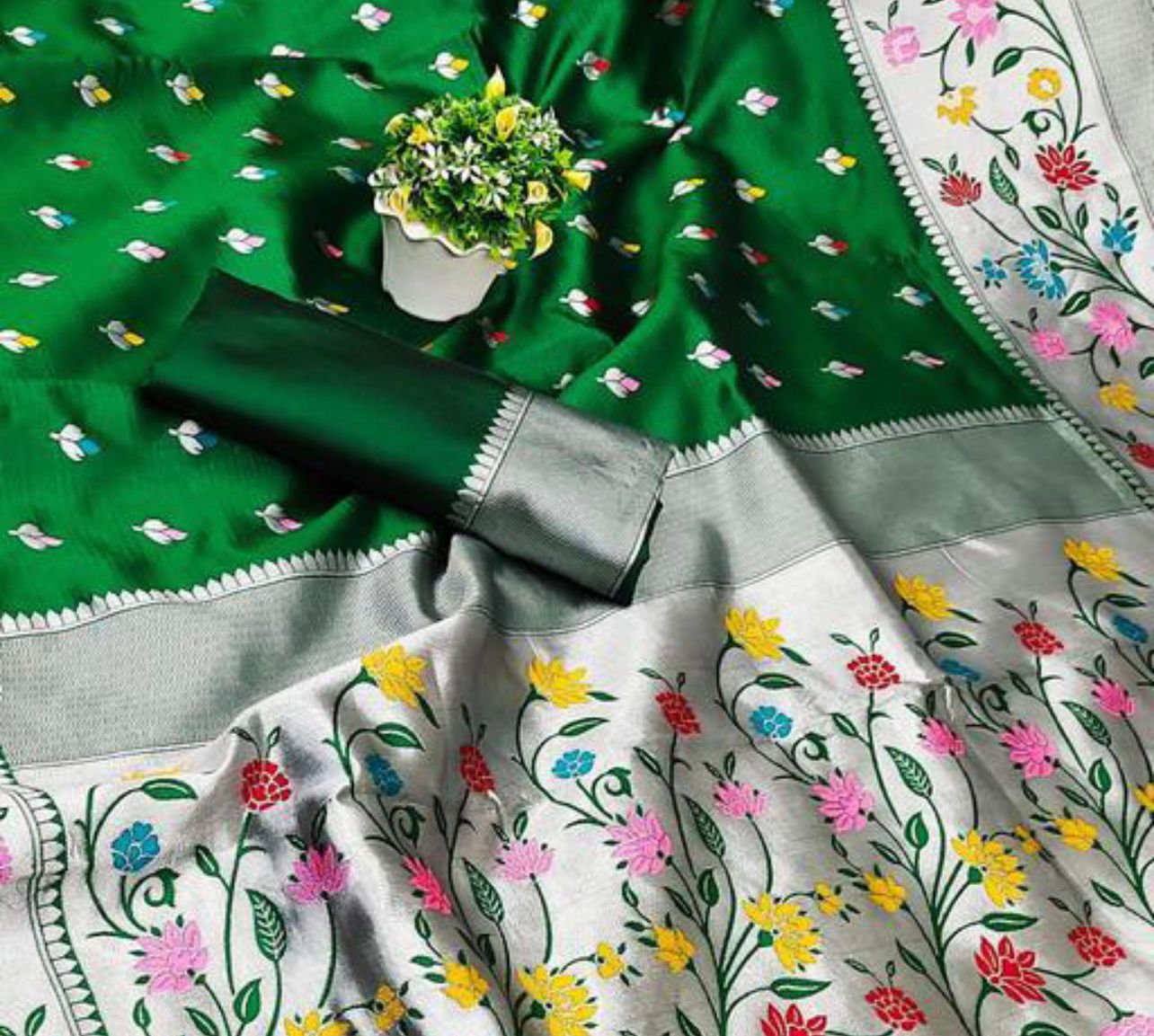 Smart Dark Green Paithani Silk Saree With Staring Blouse Piece