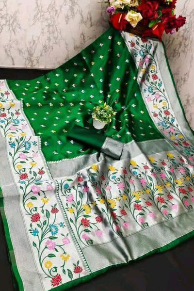 Smart Dark Green Paithani Silk Saree With Staring Blouse Piece