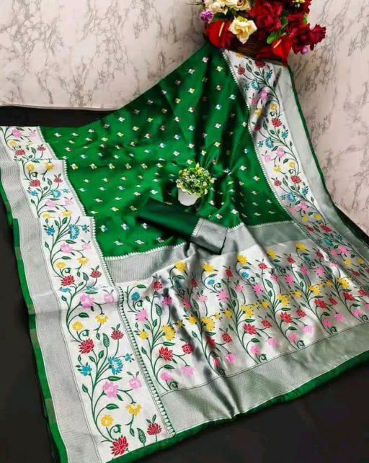 Smart Dark Green Paithani Silk Saree With Staring Blouse Piece