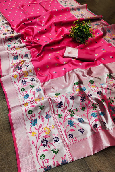 Skinny Dark Pink Paithani Silk Saree With Gleaming Blouse Piece