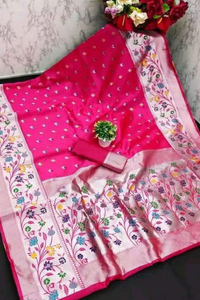 Skinny Dark Pink Paithani Silk Saree With Gleaming Blouse Piece