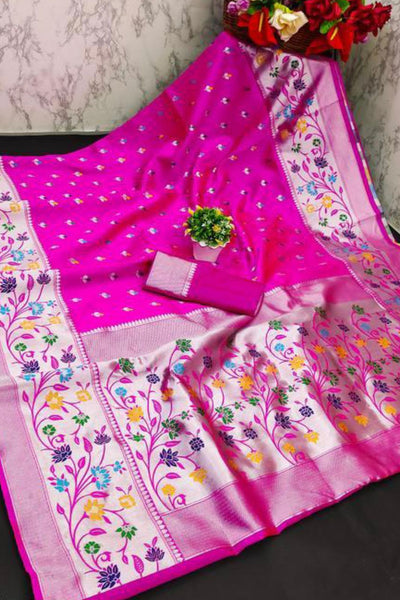 Extraordinary Magenta Paithani Silk Saree With Lovely Blouse Piece