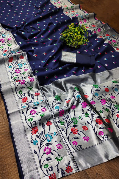 Capricious Navy Blue Paithani Silk Saree With Invaluable Blouse Piece