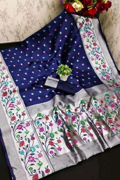 Capricious Navy Blue Paithani Silk Saree With Invaluable Blouse Piece