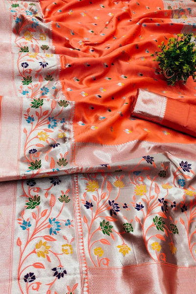 Beautiful Orange Paithani Silk Saree With Engrossing  Blouse Piece