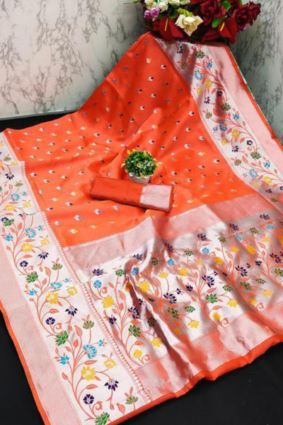 Beautiful Orange Paithani Silk Saree With Engrossing  Blouse Piece