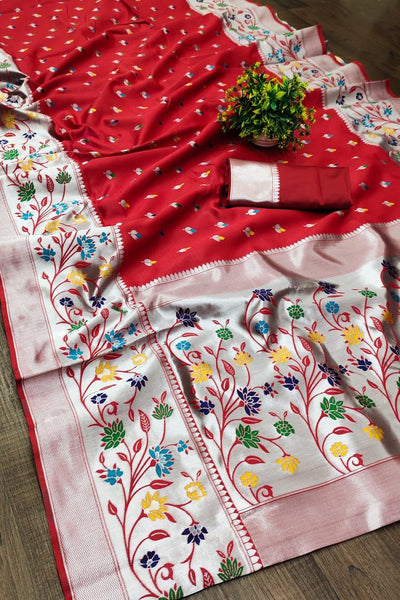 Ailurophile Red Paithani Silk Saree With Diaphanous Blouse Piece