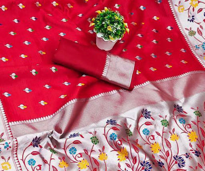 Ailurophile Red Paithani Silk Saree With Diaphanous Blouse Piece