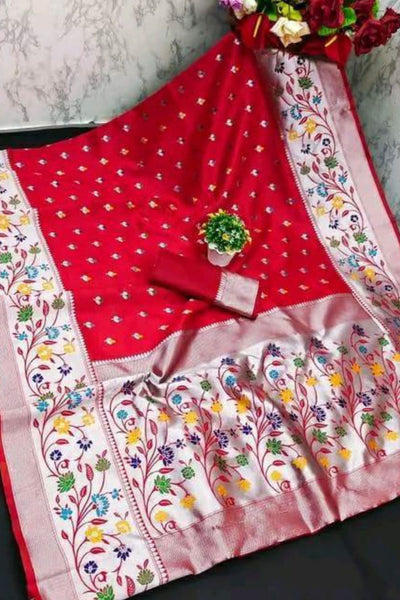 Ailurophile Red Paithani Silk Saree With Diaphanous Blouse Piece