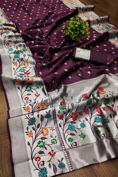 Effervescent Wine Paithani Silk Saree With Eloquence Blouse Piece