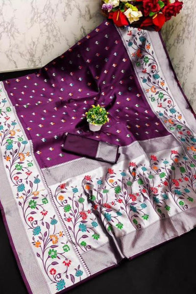 Effervescent Wine Paithani Silk Saree With Eloquence Blouse Piece