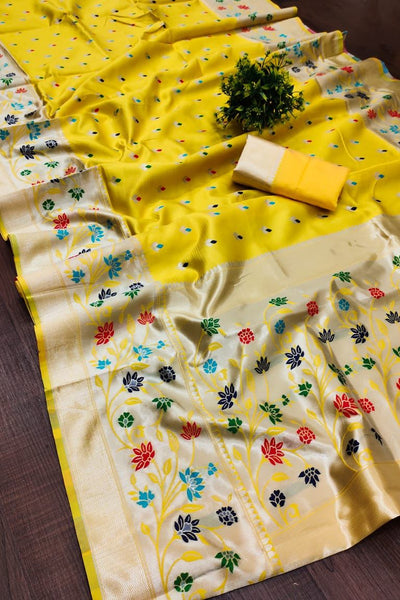 Murmurous Yellow Paithani Silk Saree With Propinquity Blouse Piece