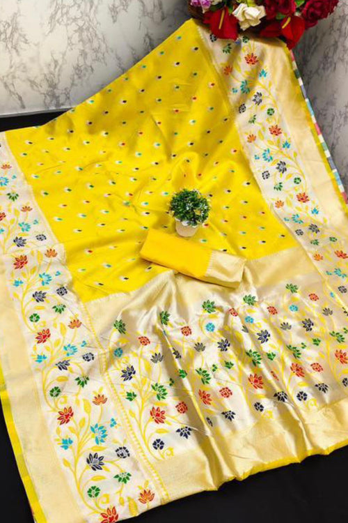 Load image into Gallery viewer, Murmurous Yellow Paithani Silk Saree With Propinquity Blouse Piece
