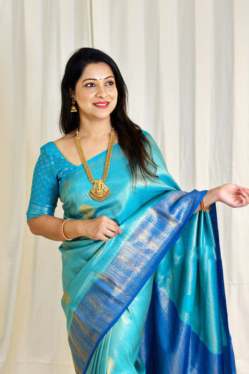 Load image into Gallery viewer, Confounding Firozi Soft Silk Saree With Sempiternal Blouse Piece
