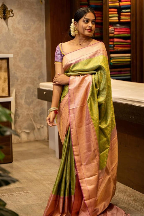 Load image into Gallery viewer, Ailurophile Mehandi Soft Silk Saree With Blissful Blouse Piece
