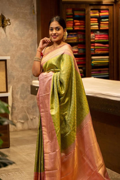 Load image into Gallery viewer, Ailurophile Mehandi Soft Silk Saree With Blissful Blouse Piece
