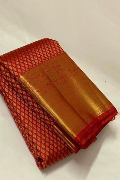 Lagniappe Red Kanjivaram Silk Saree with Magnetic Blouse Piece