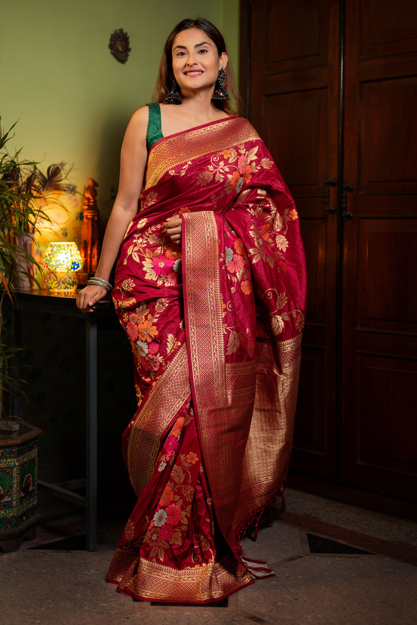 Assemblage Red Soft Banarasi Silk Saree With Dalliance Blouse Piece