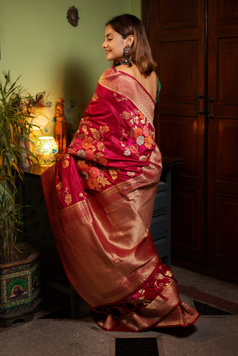 Assemblage Red Soft Banarasi Silk Saree With Dalliance Blouse Piece