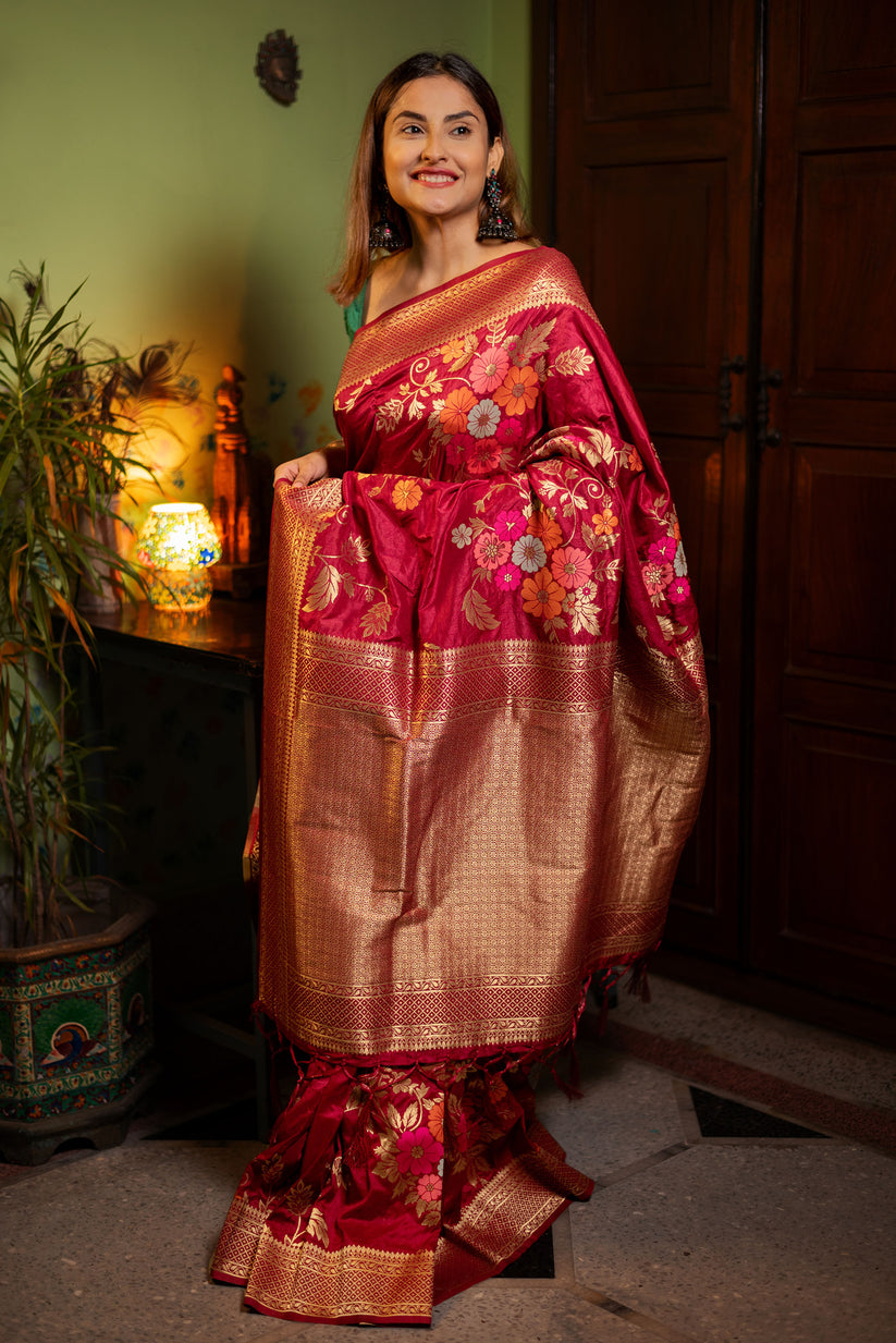 Assemblage Red Soft Banarasi Silk Saree With Dalliance Blouse Piece