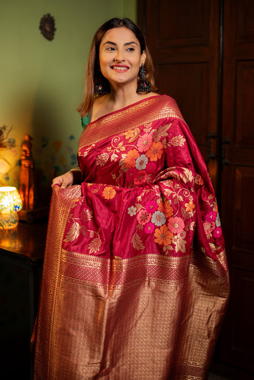 Assemblage Red Soft Banarasi Silk Saree With Dalliance Blouse Piece