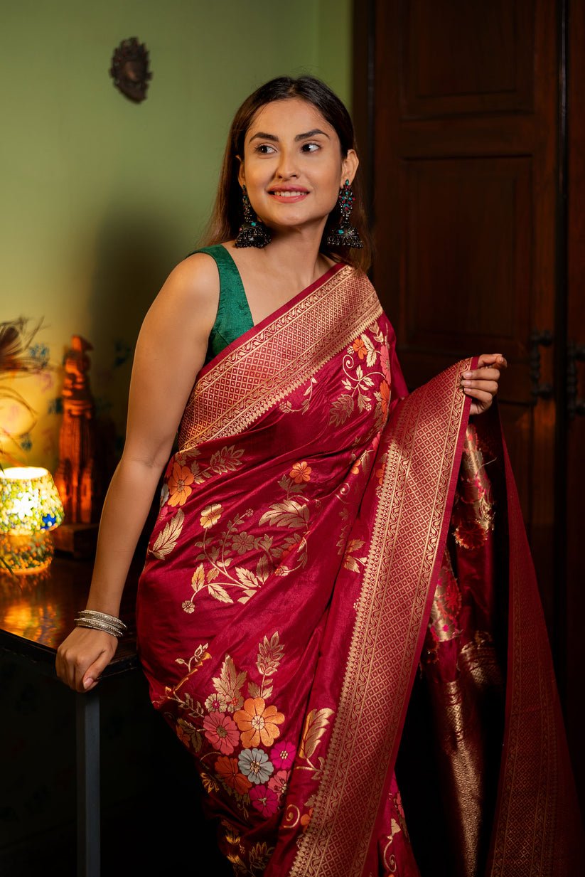 Assemblage Red Soft Banarasi Silk Saree With Dalliance Blouse Piece