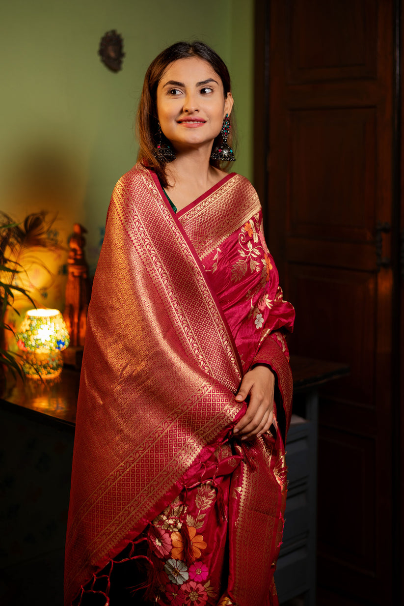 Assemblage Red Soft Banarasi Silk Saree With Dalliance Blouse Piece