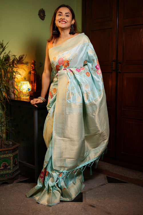 Load image into Gallery viewer, Evocative Sky Soft Banarasi Silk Saree With Petrichor Blouse Piece
